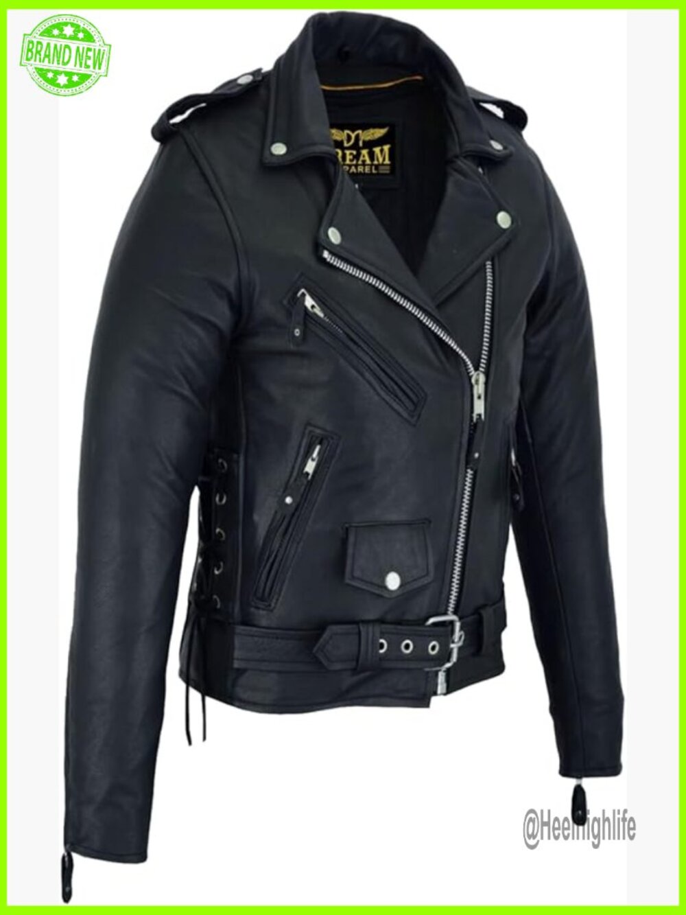 Women's Genuine Cowhide Leather Motorcycle Jacket with Lace Sides